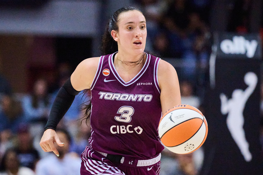Toronto Tempo's Marina Mabrey sprints upcourt during the first half of a WNBA basketball game against the Los Angeles Sparks in Toronto, Thursday, June 25, 2026. (Sammy Kogan/The Canadian Press via AP)