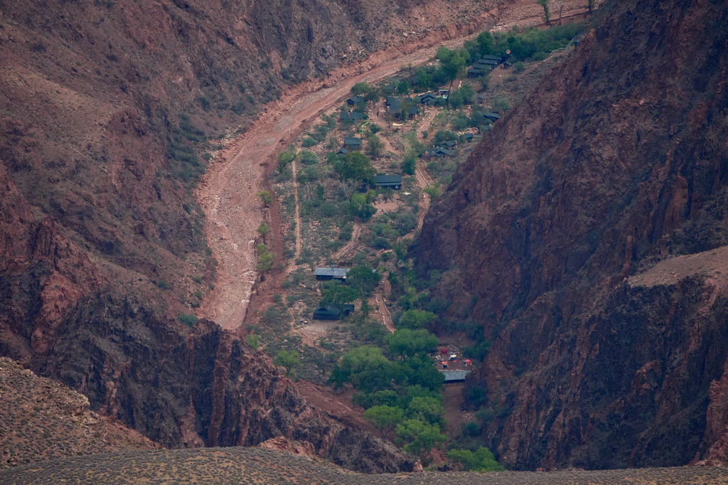 Buildings are seen in a flood damaged Bright Angel Canyon the Grand Canyon, Monday, Aug. 31, 2026, in Grand Canyon National Park, Ariz. (AP Photo/John Locher)