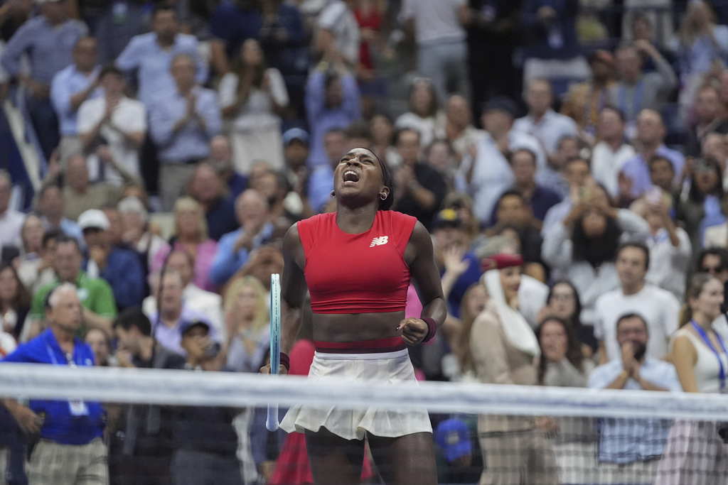 Coco Gauff, of the United States, celebrates after winning a match against Ajla Tomljanovic, of Australia, during the first round of the U.S. Open tennis championships, Tuesday, Aug. 26, 2025, in New York. (AP Photo/Frank Franklin II)