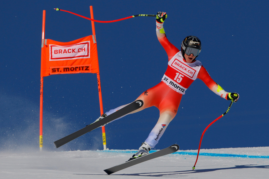 FILE - Switzerland's Lara Gut Behrami speeds down the course during an alpine ski, women's World Cup downhill training, in St. Moritz, Switzerland, Thursday, Dec. 7, 2023. (AP Photo/Giovanni Pizzato, File)