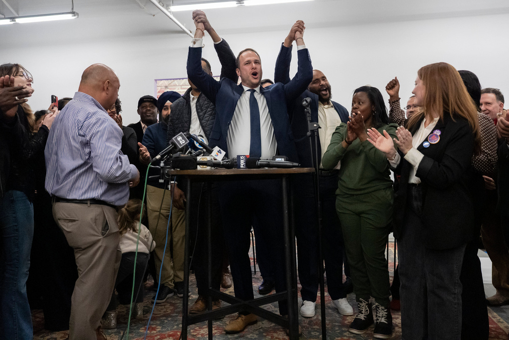 Jersey City Mayor-elect James Solomon celebrates after winning the mayoral election during a watch party, Tuesday, Dec. 2, 2025, in Jersey City, N.J. (AP Photo/Yuki Iwamura)