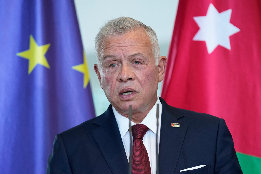 FILE - Jordan's King Abdullah II attends a news conference after a meeting with German Chancellor Friedrich Merz at the chancellery in Berlin, Germany, Tuesday, July 29, 2025. (AP Photo/Ebrahim Noroozi, File)