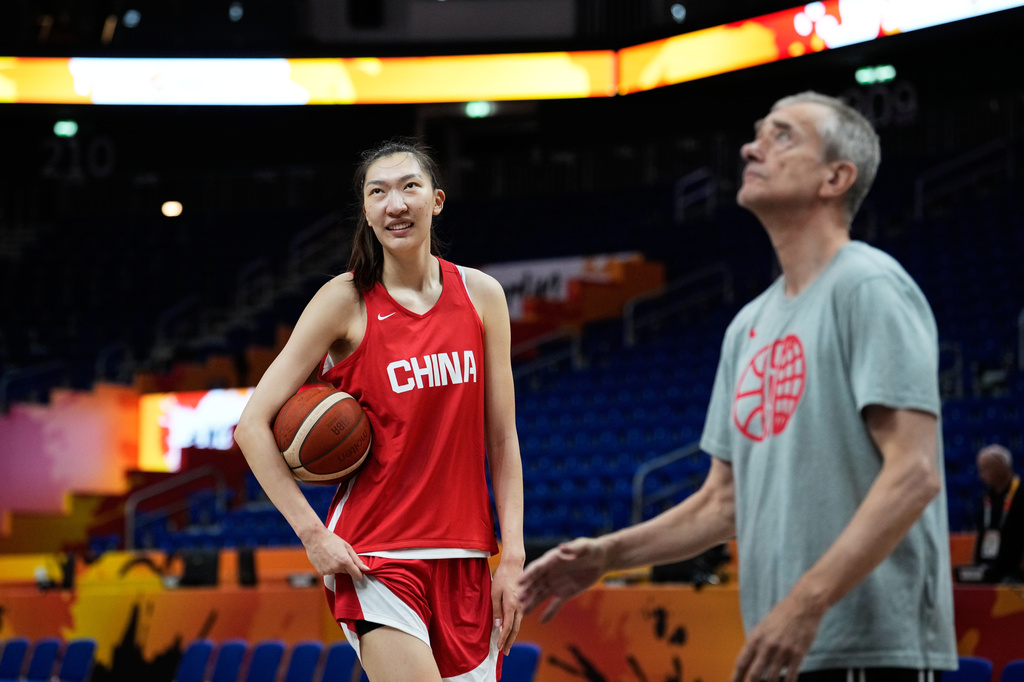Han Xu of China during a training session ahead of the match between China and United States during the Women's Basketball World Cup in Berlin, Germany, Wednesday, Sept. 2, 2026. (AP Photo/Ebrahim Noroozi)