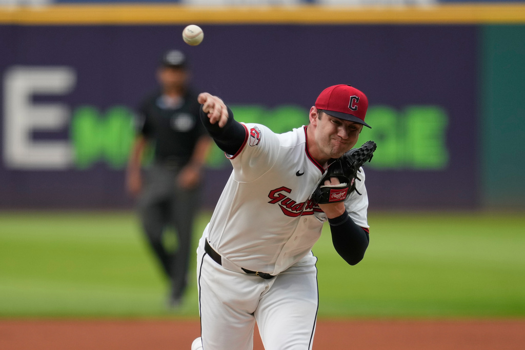 Cleveland Guardians' Gavin Williams pitches in the first inning of a baseball game against the Toronto Blue Jays in Cleveland, Tuesday, Sept. 1, 2026. (AP Photo/Sue Ogrocki)