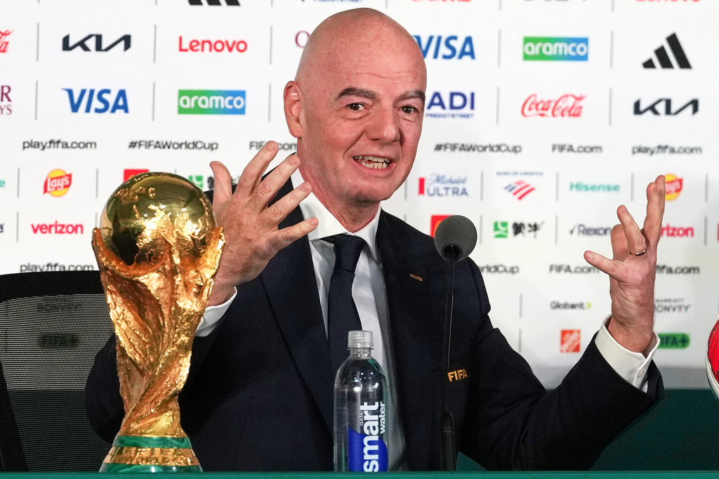 FIFA President Gianni Infantino speaks during a news conference at the stadium in Mexico City, Wednesday, June 10, 2026, a day before the opening FIFA World Cup match between Mexico and South Africa. (AP Photo/Eduardo Verdugo)