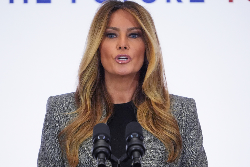 First lady Melania Trump speaks during a "Fostering the Future Together Global Coalition Summit," at the State Department, Tuesday, March 24, 2026, in Washington. (AP Photo/Jacquelyn Martin)