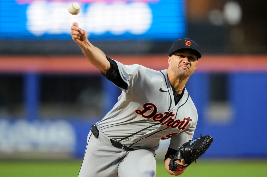 Detroit Tigers starting pitcher Jack Flaherty (9) throws during the second inning of a baseball game against the Detroit Tigers, Tuesday, May 12, 2026, in New York. (AP Photo/Yuki Iwamura)