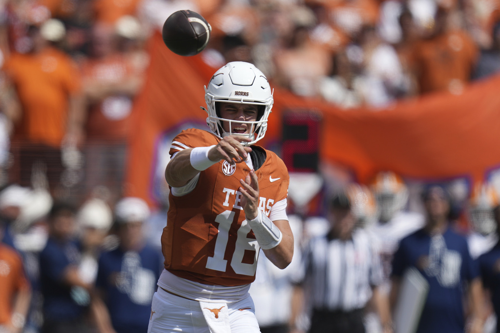 Texas quarterback Arch Manning (16) throws against UTEP during the first half of an NCAA college football game in Austin, Texas, Saturday, Sept. 13, 2025. (AP Photo/Eric Gay)