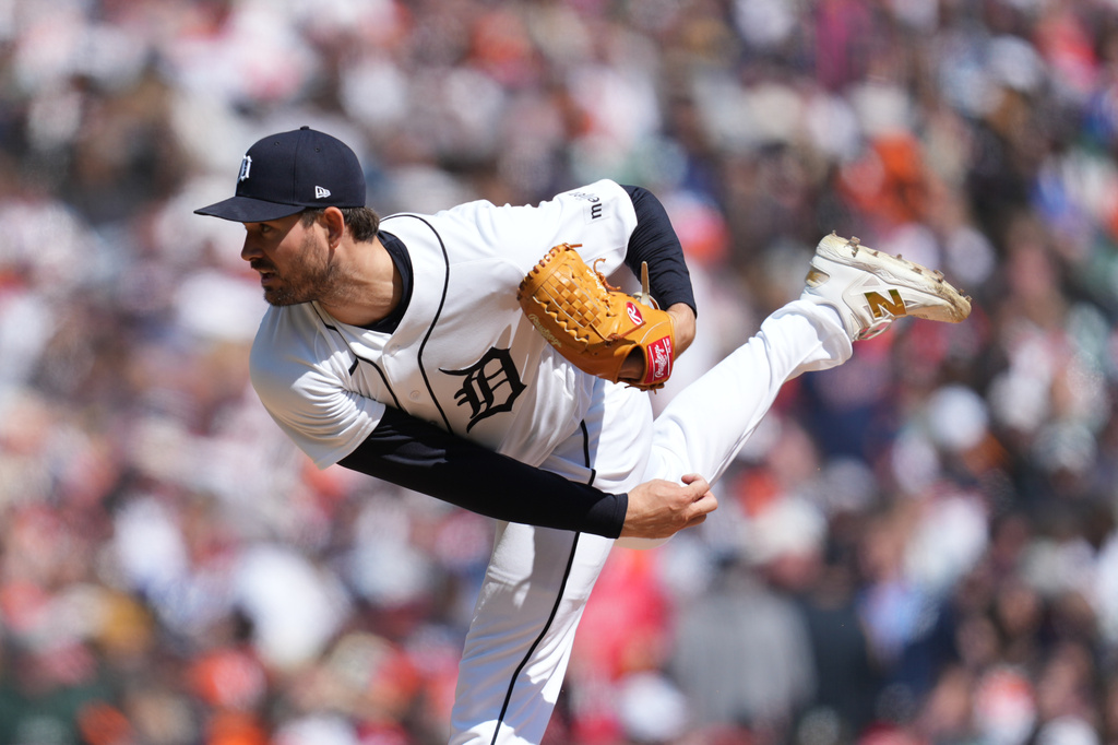 Detroit Tigers pitcher Drew Anderson throws against the Miami Marlins during the seventh inning of a baseball game Saturday, April 11, 2026, in Detroit. (AP Photo/Paul Sancya)