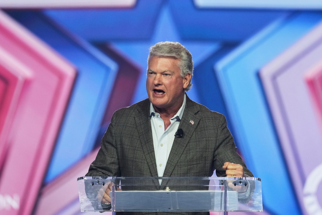 FILE - Rep. Mike Collins, R-Ga., speaks during Turning Point USA's AmericaFest 2025 on Dec. 20, 2025, in Phoenix. (AP Photo/Ross D. Franklin, File)