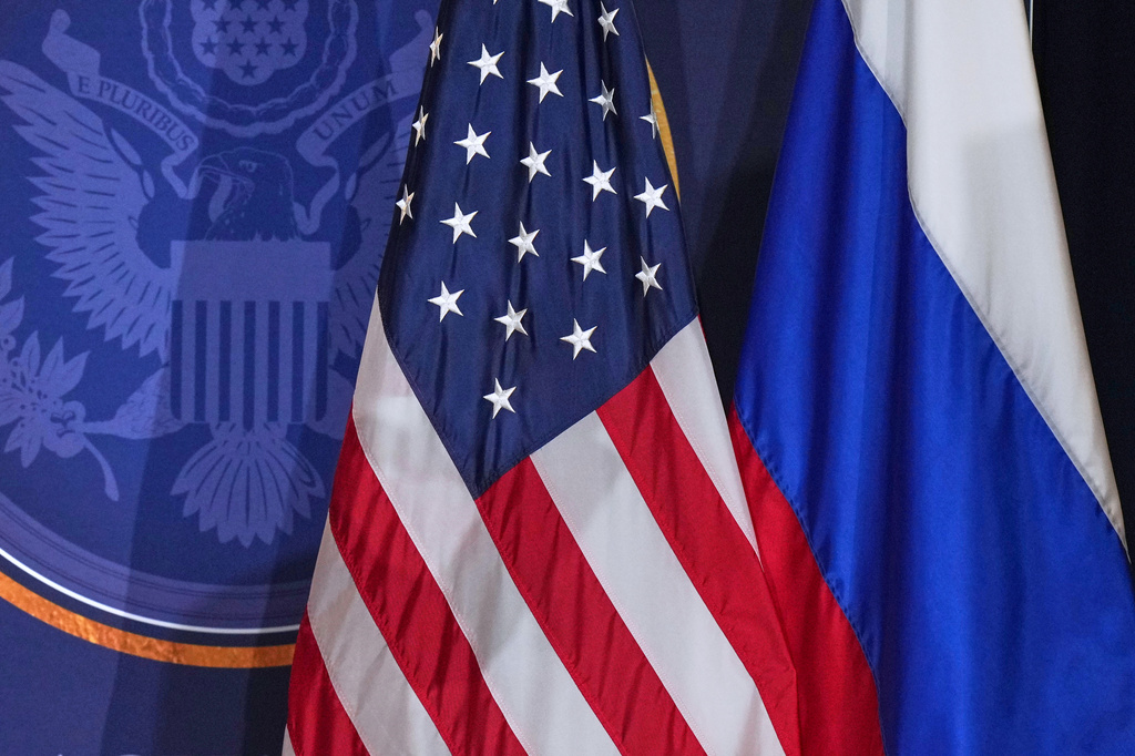 FILE - American and Russian flags are pictured on stage before President Donald Trump and Russia's President Vladimir Putin participate in a joint press conference at Joint Base Elmendorf-Richardson, Alaska, Aug. 15, 2025. (AP Photo/Jae C. Hong, File)