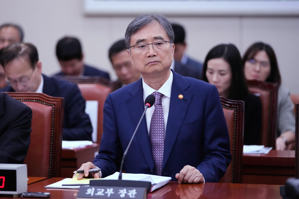 South Korean Foreign Minister Cho Hyun listens to lawmaker's question during a session of the Foreign Affairs and Unification Committee at the National Assembly in Seoul, South Korea, Monday, Sept. 8, 2025. (AP Photo/Lee Jin-man)