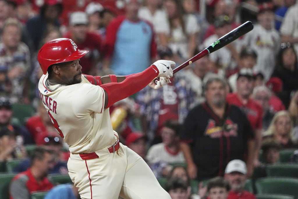 St. Louis Cardinals' Jordan Walker follows through on a walk-off two-run double to defeat the Giants in the ninth inning of a baseball game Saturday, Sept. 6, 2025, in St. Louis. (AP Photo/Jeff Roberson)