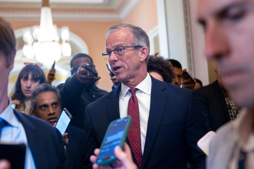 Senate Majority Leader John Thune, R-S.D., pauses in his office doorway to speak to reporters on day 20 of the government shutdown, at the Capitol in Washington, Monday, Oct. 20, 2025. (AP Photo/J. Scott Applewhite) Senate Majority Leader John Thune, R-S.D., pauses in his office doorway to speak to reporters on day 20 of the government shutdown, at the Capitol in Washington, Monday, Oct. 20, 2025. (AP Photo/J. Scott Applewhite)