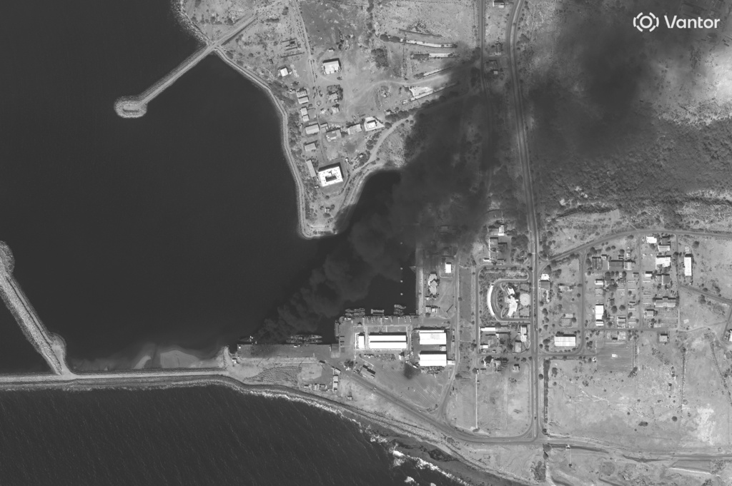 In this satellite image provided by Vantor, a vessel burns at a naval base in Konarak, Iran on Saturday, Feb. 28, 2026. (Satellite image ©2026 Vantor via AP)