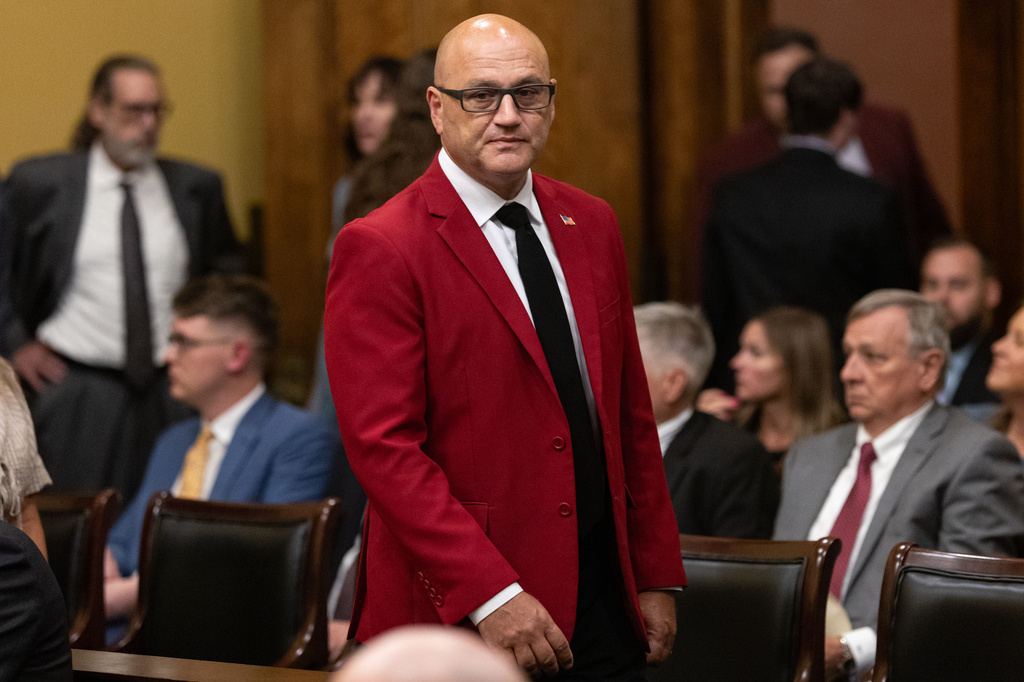 Missouri Secretary of State Denny Hoskins walks into the courtroom for his contempt hearing at the Missouri Supreme Court in Jefferson City, Mo., Thursday, Sept. 10, 2026. (Liz Rymarev/St. Louis Post-Dispatch via AP, Pool)