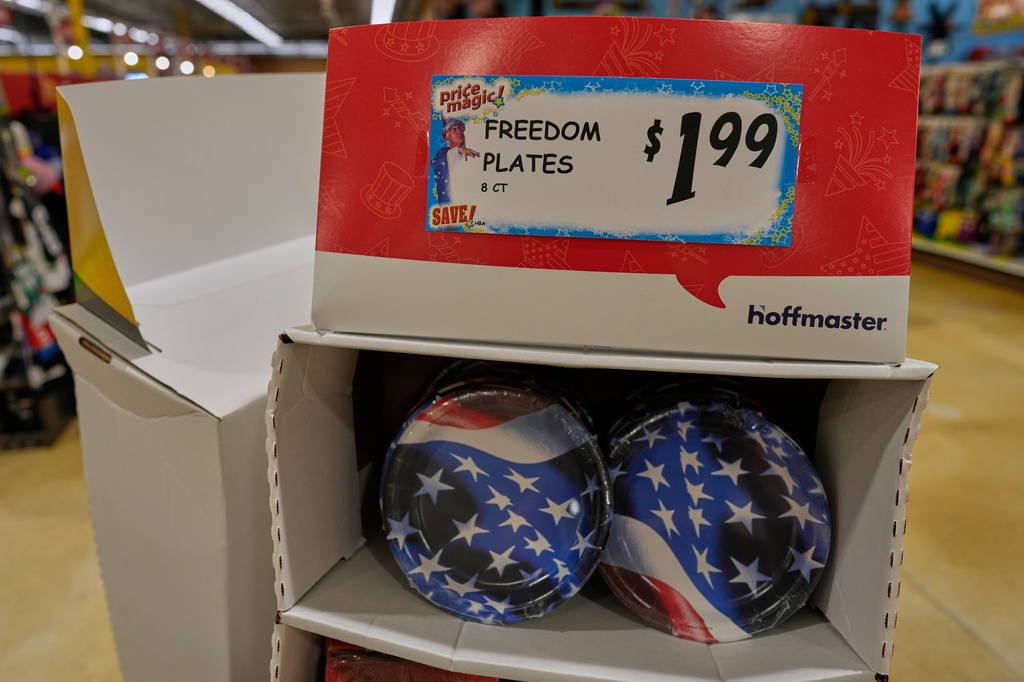 American Flag themed freedom plates are for sale at Jungle Jim's International Market Eastgate in Cincinnati, Tuesday, June 30, 2026. (AP Photo/Carolyn Kaster)