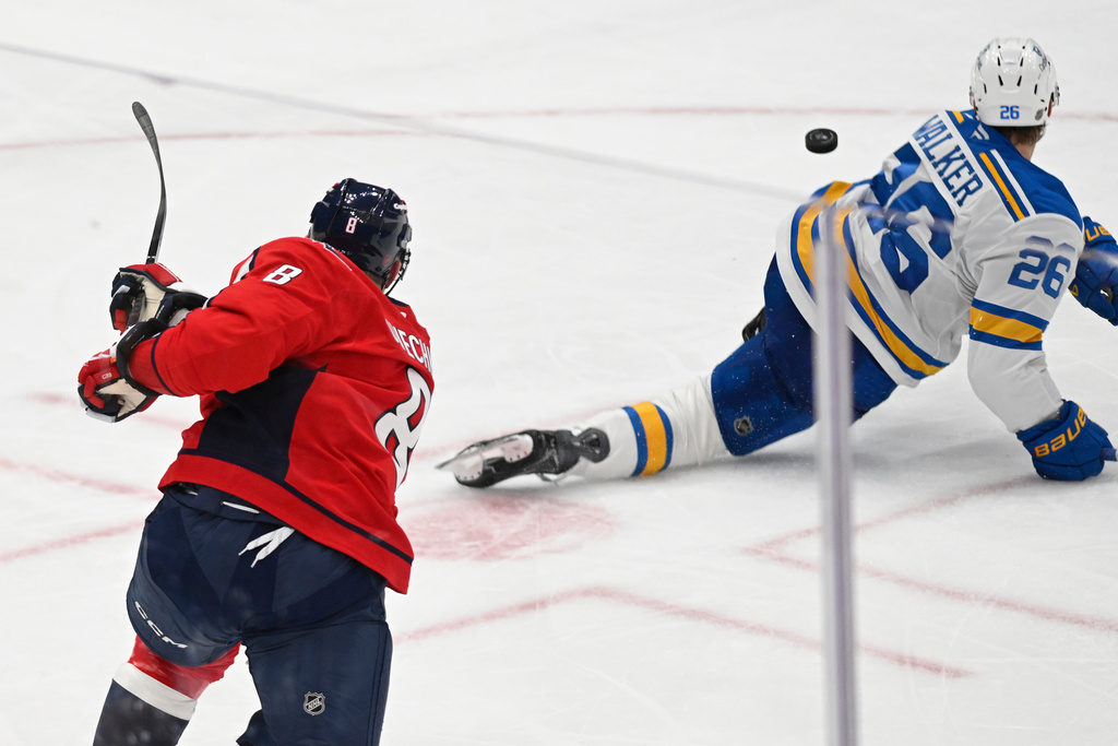 Washington Capitals left wing Alex Ovechkin (8) fires a shot past St. Louis Blues left wing Nathan Walker (26) during the third period of an NHL hockey game, Wednesday, Nov. 5, 2025, in Washington. (AP Photo/John McDonnell)