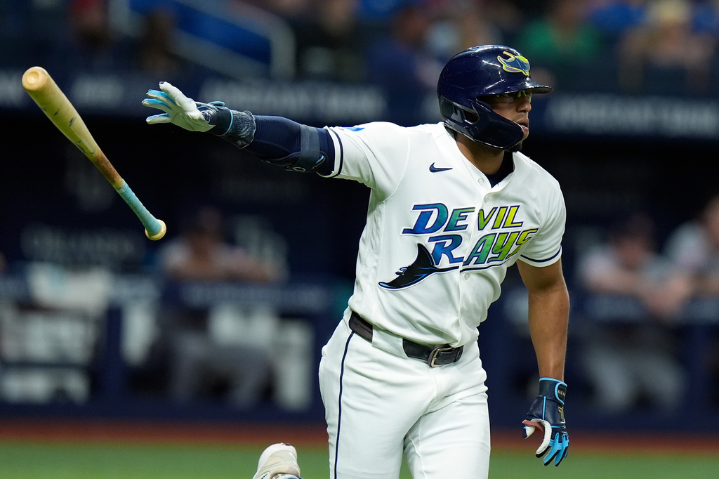 Tampa Bay Rays' Richie Palacios drops his bat as he watches his three-run home run off Cleveland Guardians pitcher Hunter Gaddis during the eighth inning of a baseball game Friday, July 24, 2026, in St. Petersburg, Fla. (AP Photo/Chris O'Meara)