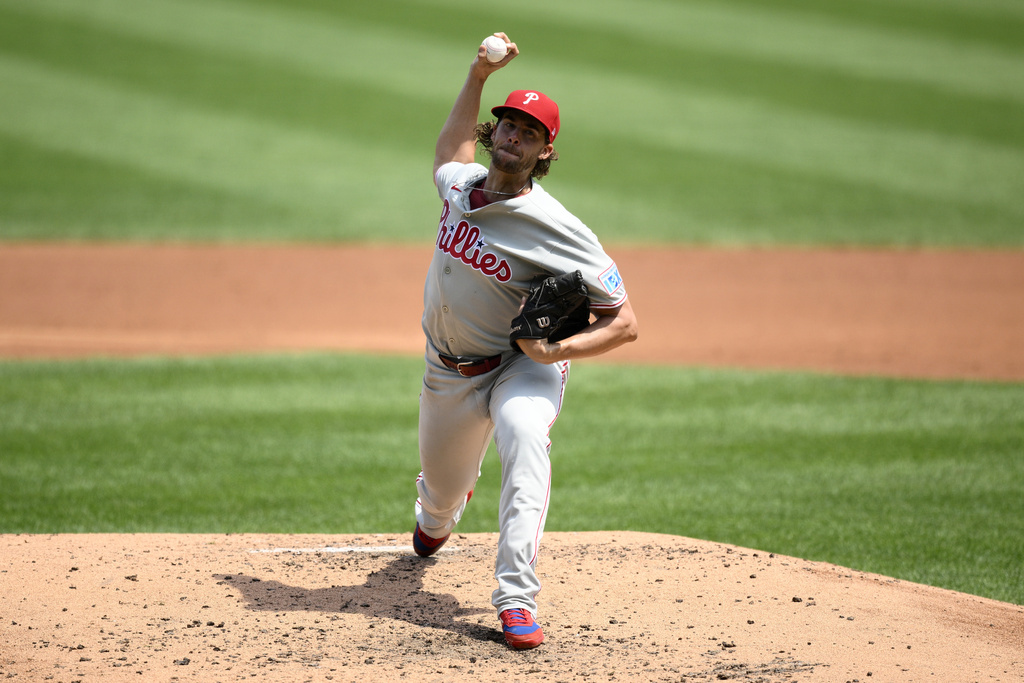 Philadelphia Phillies starting pitcher Aaron Nola throws during the second inning of a baseball game against the Washington Nationals, Sunday, Aug. 17, 2025, in Washington. (AP Photo/Nick Wass)