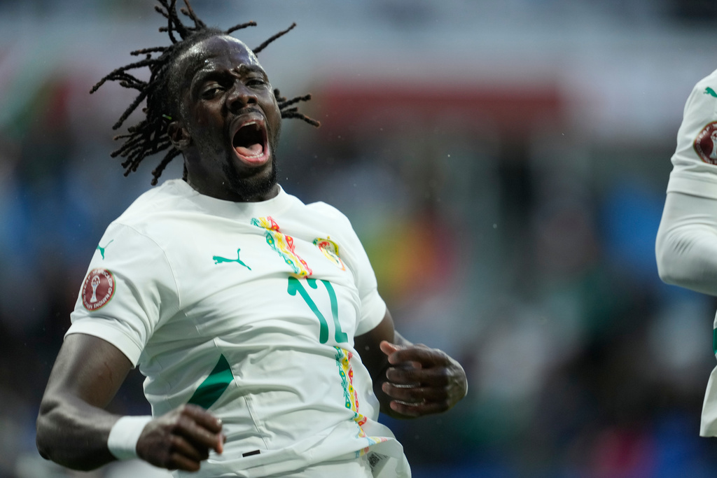 Senegal's Cherif Ndiaye celebrates after scoring during the Africa Cup of Nations group D soccer match between Senegal and Botswana in Tangier, Morocco, Tuesday, Dec. 23, 2025. (AP Photo/Mosa'ab Elshamy)