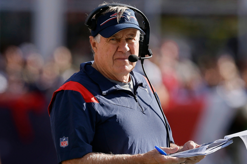 FILE - New England Patriots head coach Bill Belichick looks on during the second half of an NFL football game against the New Orleans Saints, Oct. 8, 2023, in Foxborough, Mass. (AP Photo/Michael Dwyer, File)