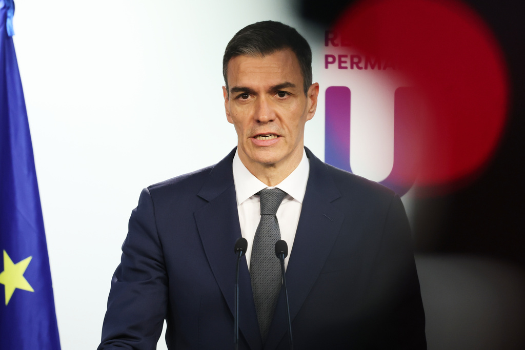 Spain's Prime Minister Pedro Sanchez speaks during a media conference at the end of the EU summit in Brussels, Friday, Jan. 23, 2026. (AP Photo/Omar Havana)