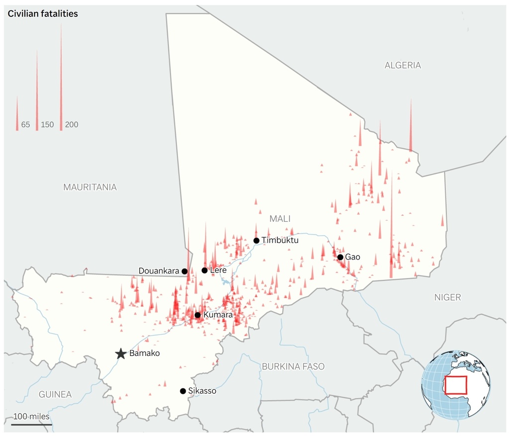 Shows where civilian killings in Mali have been concentrated. (AP Digital Embed)