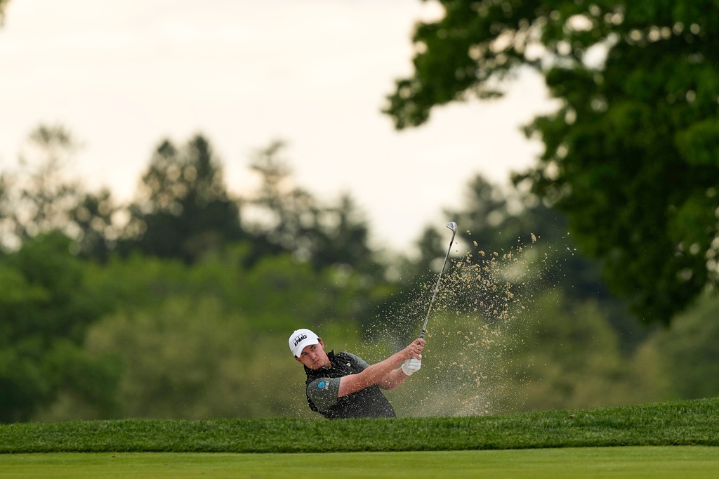 Maverick McNealy hits from the third fairway during the second round of the PGA Championship golf tournament at Aronimink Golf Club, Friday, May 15, 2026, in Newtown Square, PA. (AP Photo/Matt Slocum)