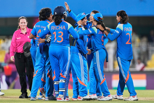 India's players celebrate after winning the ICC Women's Cricket World Cup match between India and Sri Lanka at Barsapara Cricket Stadium in Guwahati, India, Tuesday, Sept. 30, 2025. (AP Photo/Anupam Nath) India's players celebrate after winning the ICC Women's Cricket World Cup match between India and Sri Lanka at Barsapara Cricket Stadium in Guwahati, India, Tuesday, Sept. 30, 2025. (AP Photo/Anupam Nath)