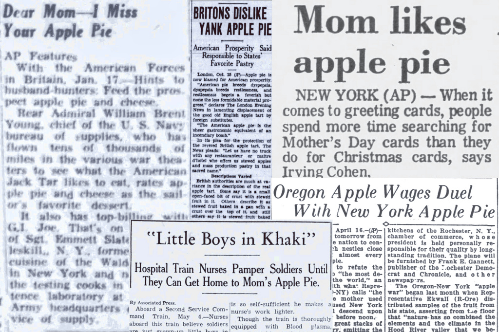 Assorted newspaper clippings with Associated Press stories related to apple pie. (AP Corporate Archives)