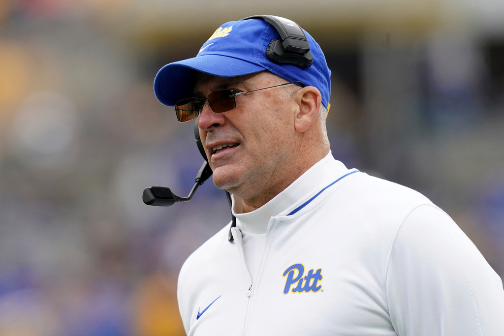 FILE - Pittsburgh head coach Pat Narduzzi looks on during the first half of an NCAA college football game against Clemson Saturday, Nov. 16, 2024, in Pittsburgh. (AP Photo/Matt Freed, File)
