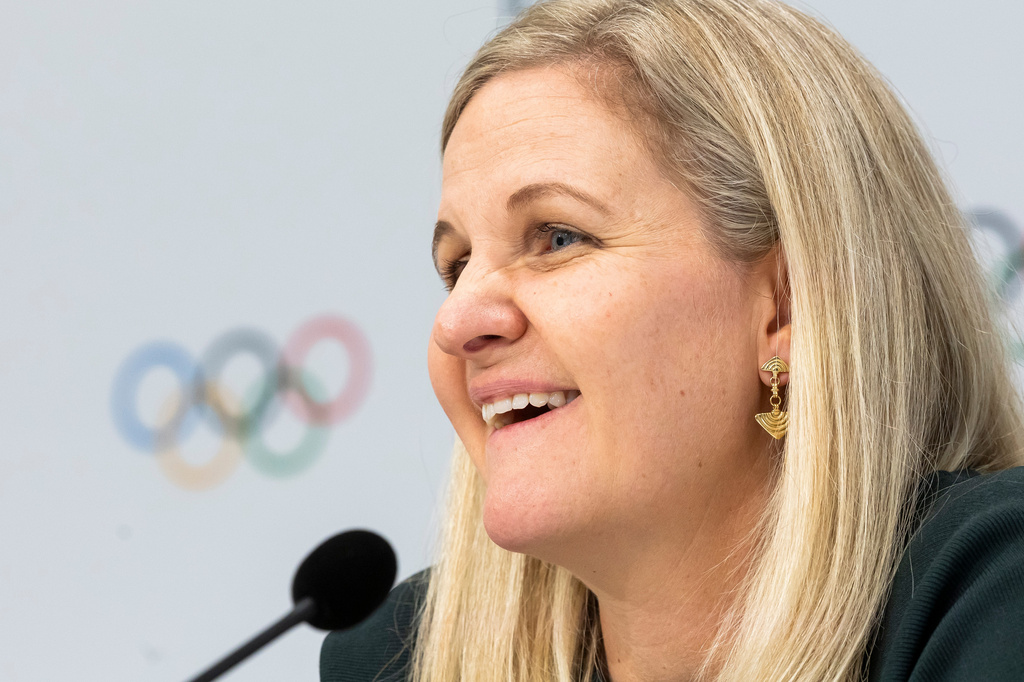 International Olympic Committee (IOC) President Kirsty Coventry speaks during a press conference at the end of the first day of the 146th Session of the IOC at the SwissTech Convention Centre, in Lausanne, Switzerland, Wednesday, June 24, 2026. (Cyril Zingaro/Keystone via AP)