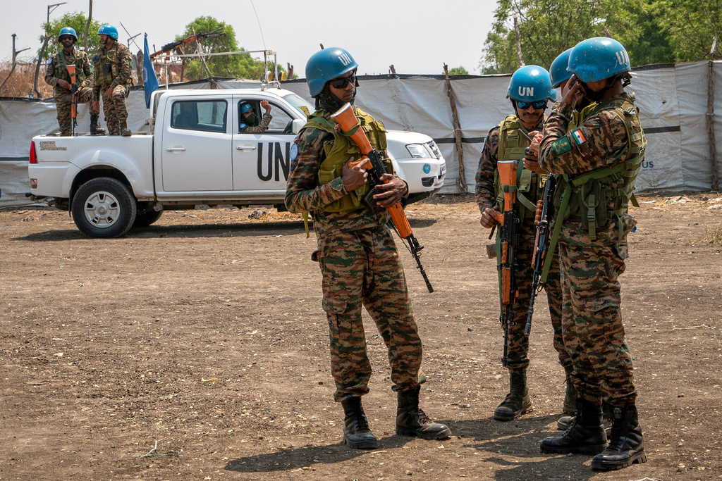 United Nations peacekeepers stand near an airstrip in Akobo, South Sudan, Saturday, Feb. 21, 2026. (AP Photo/Florence Miettaux)