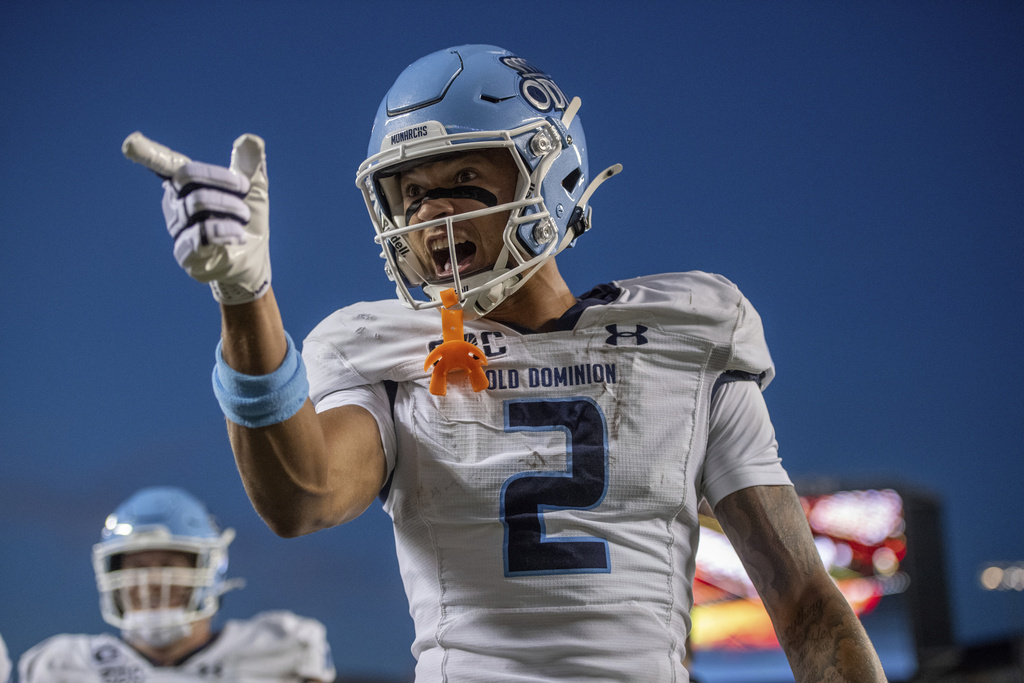 Old Dominion wide receiver Tre' Brown III (2) responds to Virginia Tech fans during the first half of an NCAA college football game Saturday, Sept. 13, 2025, in Blacksburg, Va. (AP Photo/Robert Simmons)