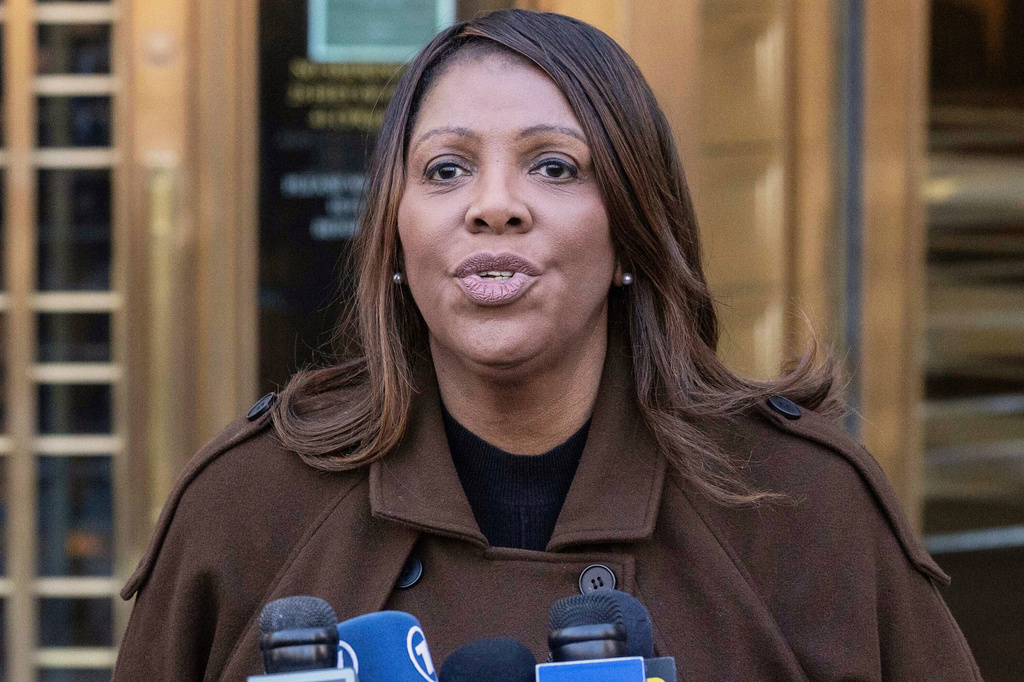 FILE - New York Attorney General Letitia James speaks during a news conference outside Manhattan federal court in New York, Feb. 14, 2025. (AP Photo/Yuki Iwamura, File)