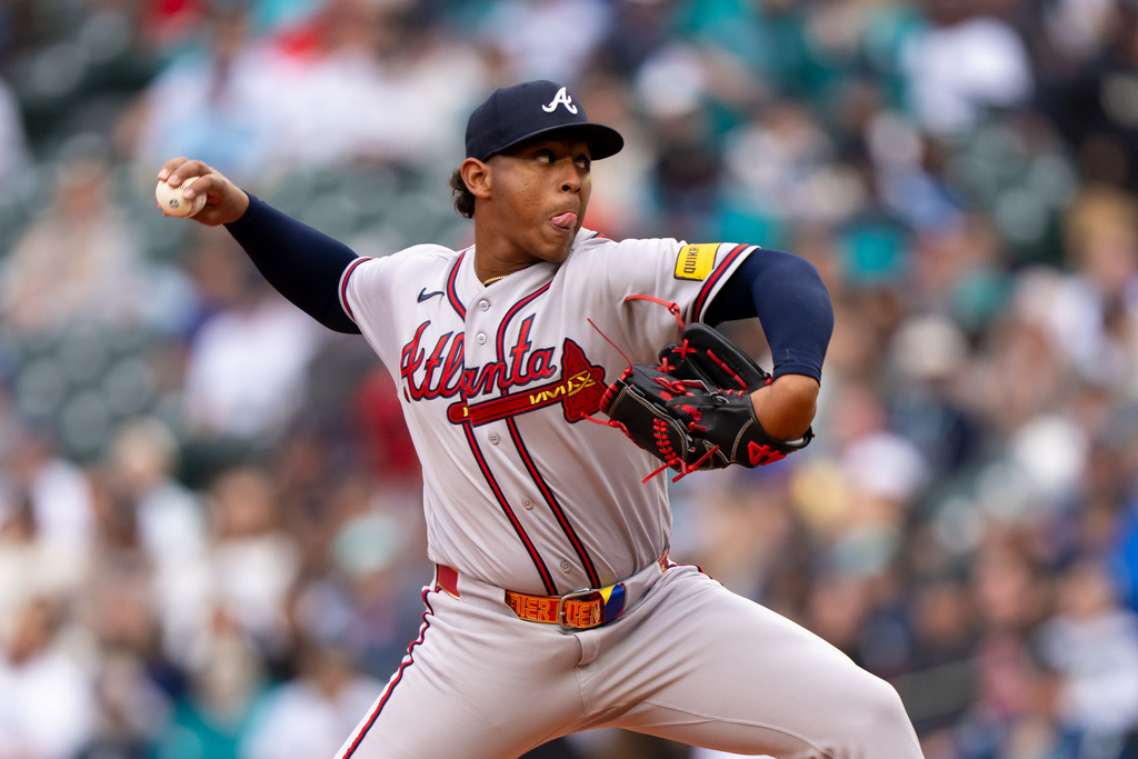Atlanta Braves reliever Didier Fuentes delivers a pitch during the eighth inning of a baseball game against the Seattle Mariners, Wednesday, May 6, 2026, in Seattle. (AP Photo/Stephen Brashear)