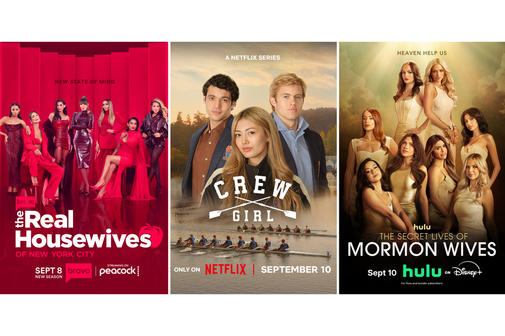 This combination of images show promotional art for "The Real Housewives of New York City," from left, "Crew Girl" and "The Secret Lives of Mormon Wives." (Peacock/Netflix/Hulu via AP)