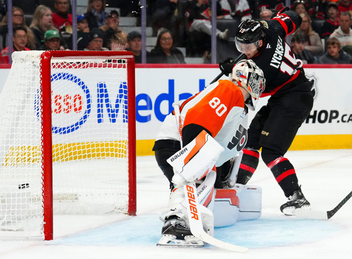 Ottawa Senators' Olle Lycksell (15) scores on Philadelphia Flyers goaltender Dan Vladar (80) during second period NHL hockey action in Ottawa on Thursday, Oct. 23, 2025. (Sean Kilpatrick/The Canadian Press via AP) Ottawa Senators' Olle Lycksell (15) scores on Philadelphia Flyers goaltender Dan Vladar (80) during second period NHL hockey action in Ottawa on Thursday, Oct. 23, 2025. (Sean Kilpatrick/The Canadian Press via AP)