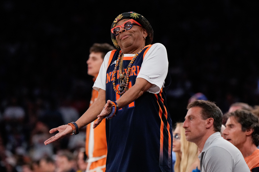 Filmmaker Spike Lee watches during second half of Game 3 of the NBA Finals basketball series between the New York Knicks and the San Antonio Spurs, Monday, June 8, 2026, in New York. (AP Photo/Ross D. Franklin)