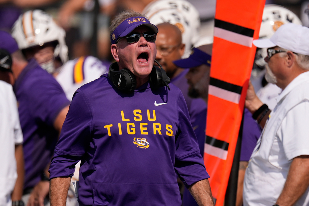 LSU head coach Brian Kelly yells to an official during the second half of an NCAA college football game against Vanderbilt, Saturday, Oct. 18, 2025, in Nashville, Tenn. (AP Photo/George Walker IV)
