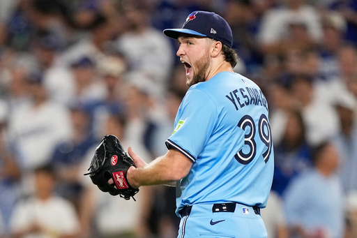 Toronto Blue Jays pitcher Trey Yesavage celebrates the end on the seventh inning in Game 5 of baseball's World Series against the Los Angeles Dodgers, Wednesday, Oct. 29, 2025, in Los Angeles. (AP Photo/Brynn Anderson) Toronto Blue Jays pitcher Trey Yesavage celebrates the end on the seventh inning in Game 5 of baseball's World Series against the Los Angeles Dodgers, Wednesday, Oct. 29, 2025, in Los Angeles. (AP Photo/Brynn Anderson)