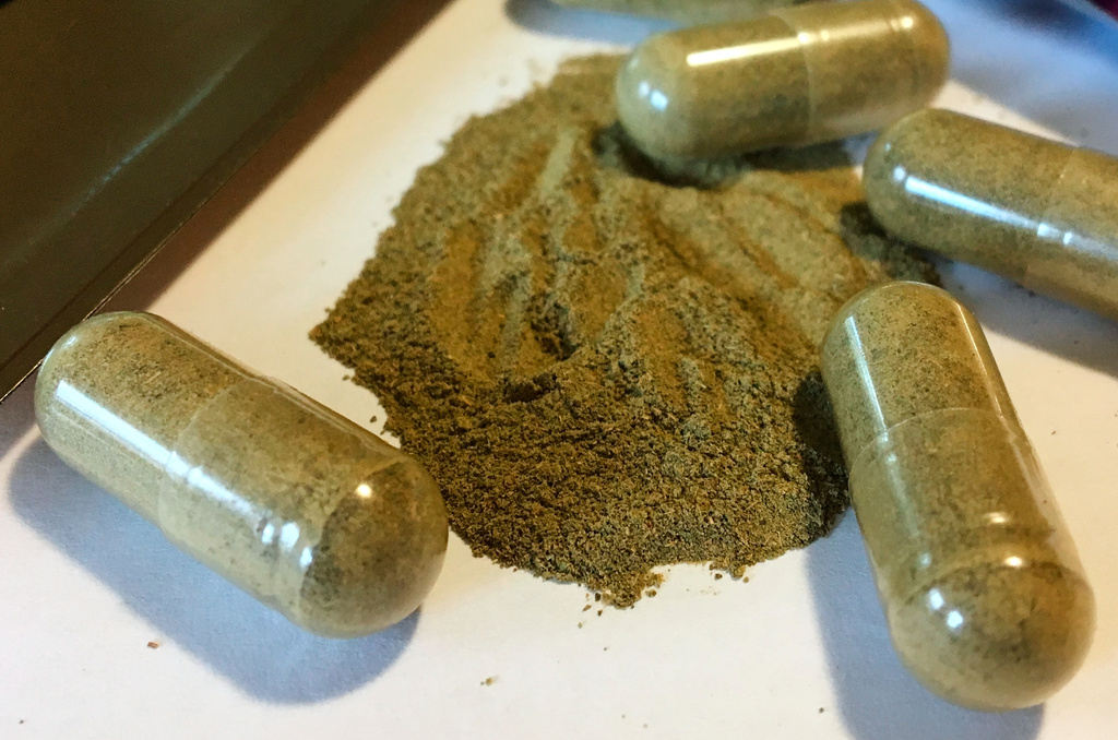FILE - Kratom capsules are seen on Sept. 27, 2017, in Albany, N.Y. (AP Photo/Mary Esch, File)