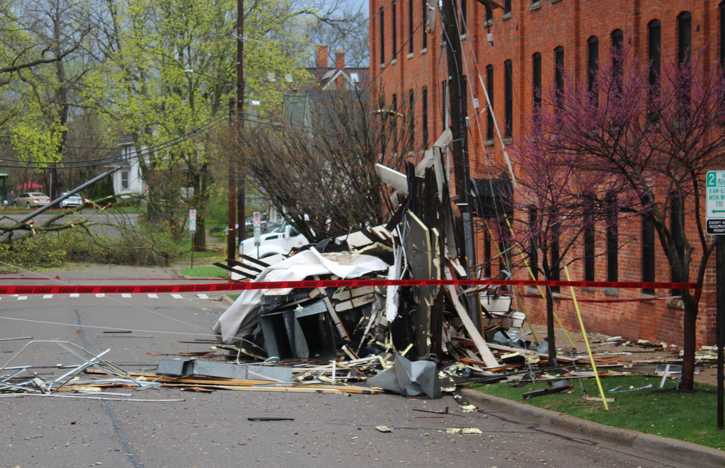 Storm damage is seen at the Argus Building in Ann Arbor, Mich., on Wednesday, April 15. 2026. ( Jordyn Pair /Ann Arbor News via AP)