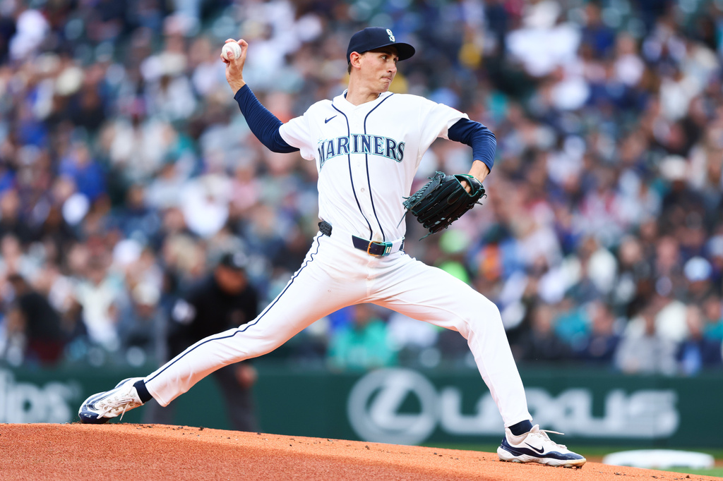 Seattle Mariners' George Kirby delivers in the first inning of a baseball game against the Los Angeles Angels, Monday, June 29, 2026, in Seattle. (AP Photo/Kevin Ng)