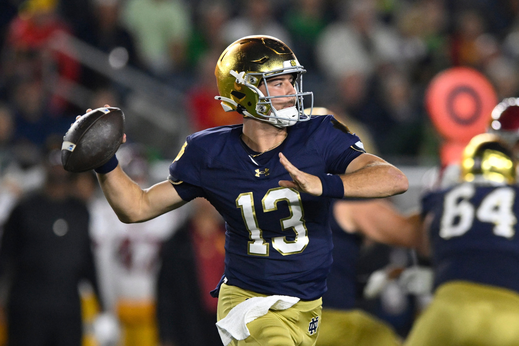 Notre Dame quarterback CJ Carr prepares to throw a pass during the first quarter of an NCAA college football game against Southern California, Saturday, Oct. 18, 2025, in South Bend, Ind. (AP Photo/Paul Beaty)