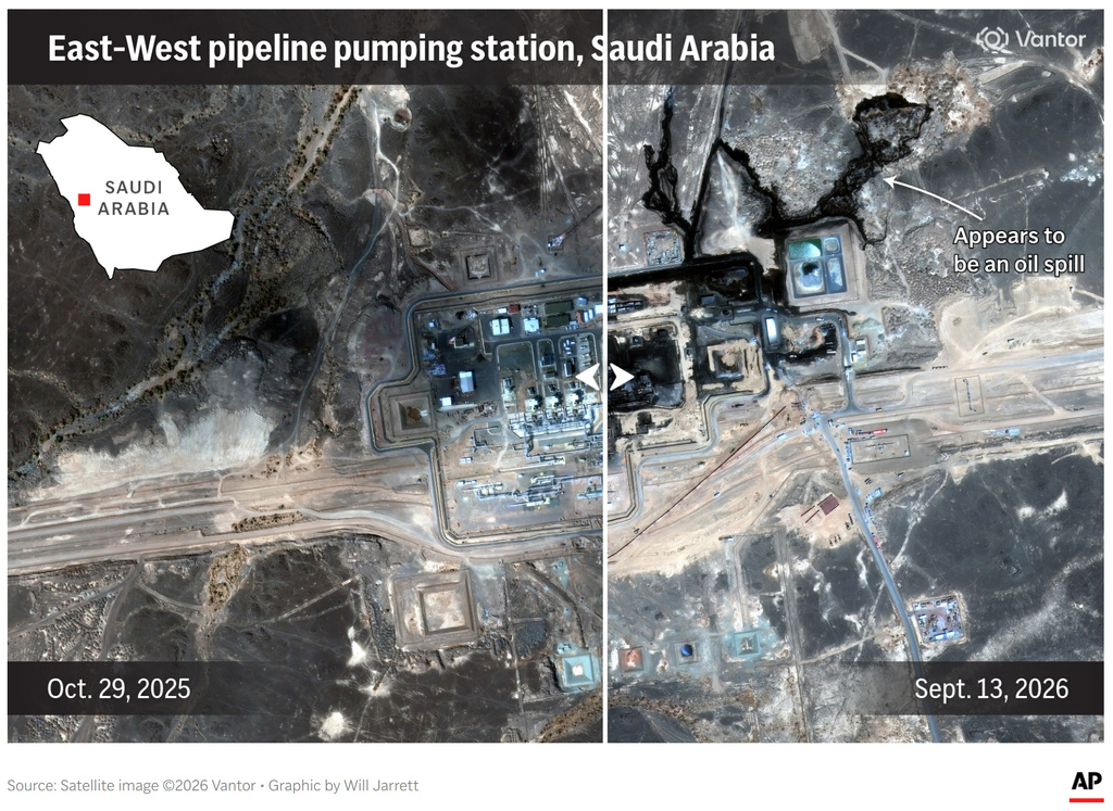 A slider showing damage to a pumping station on the East-West pipeline in Saudi Arabia. (AP Digital Embed)