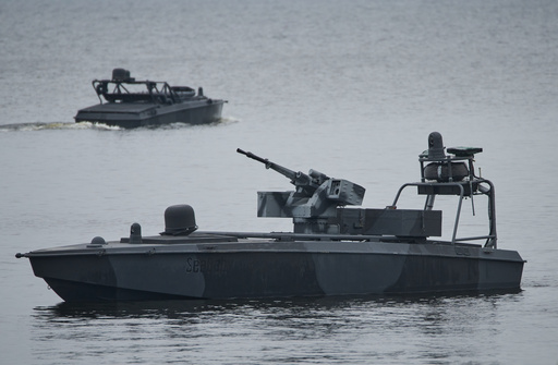 Sea Baby drones ride on the water during a demonstration by Ukraine's Security Service in an undisclosed location in Ukraine Friday, Oct. 17, 2025. (AP Photo/Efrem Lukatsky) Sea Baby drones ride on the water during a demonstration by Ukraine's Security Service in an undisclosed location in Ukraine Friday, Oct. 17, 2025. (AP Photo/Efrem Lukatsky)