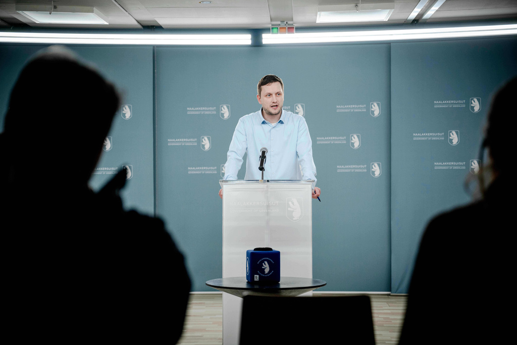 Greenland's Prime Minister Jens Frederik Nielsen holds a press conference in Nuuk, Greenland, Monday, Jan. 5, 2026. (Oscar Scott Carl/Ritzau Scanpix via AP)