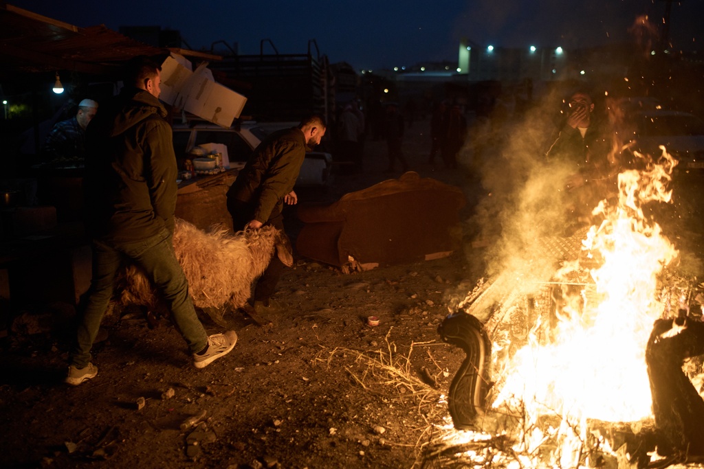 Palestinians carry a sheep past a bonfire at a livestock market near Balata refugee camp on the outskirts of the West Bank city of Nablus, Thursday, Feb. 12, 2026. (AP Photo/Leo Correa)